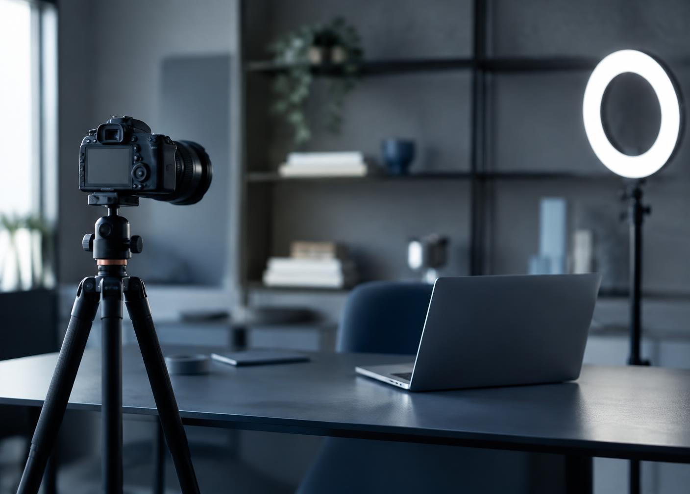 Minimal creator studio with camera, laptop and ring light — content creator business